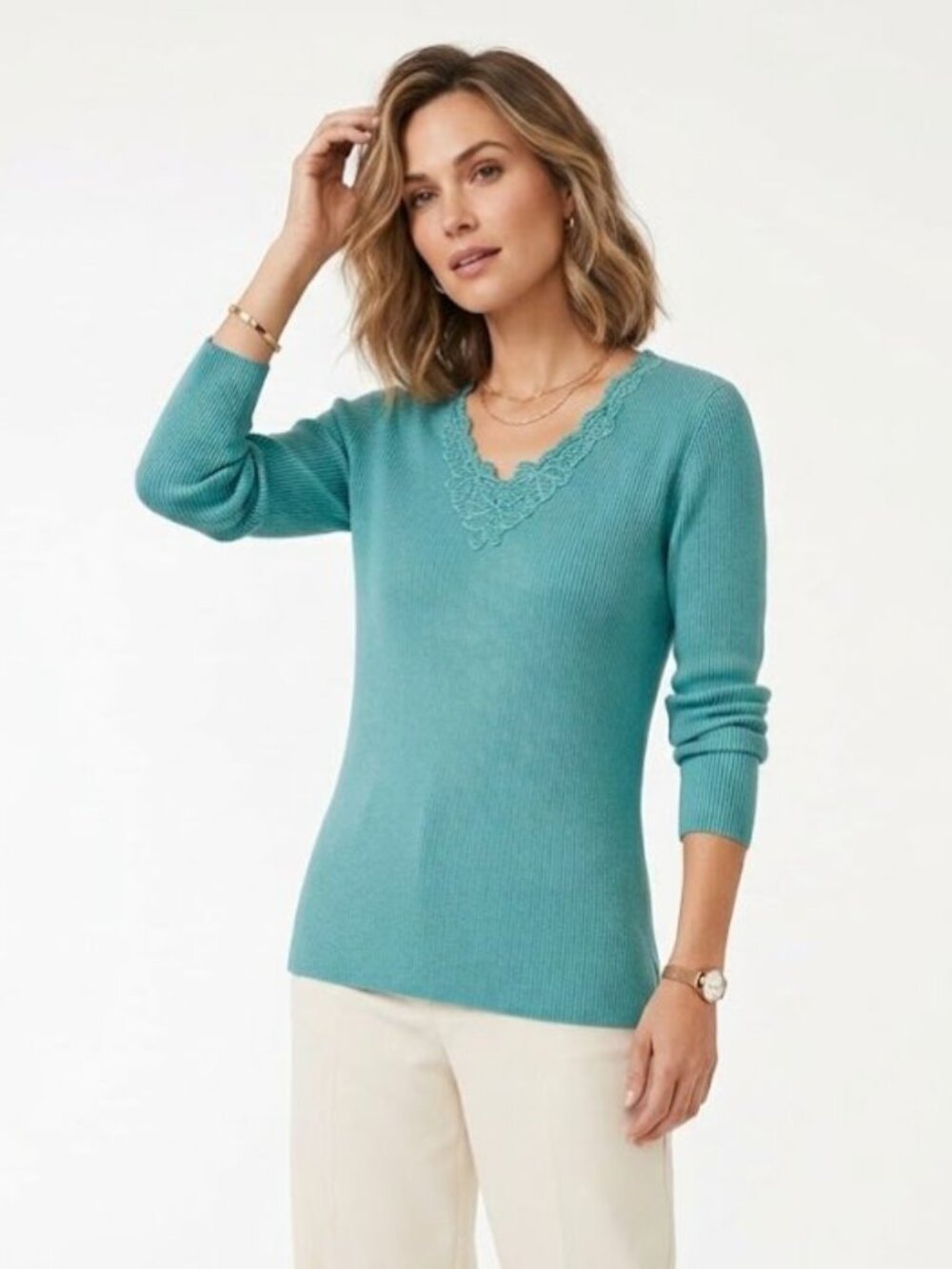 JM Collection Women’s Ribbed Lace V‑Neck Long Sleeve Top Aqua Size L